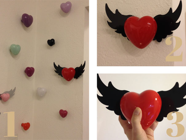 (Fotos:natalianoleto.com.br; 1- Várias cores, tamanhos e modelos fixados na parede; 2 - Cabide em forma de coração com asa; 3- Tirei uma foto para ter escala humana)